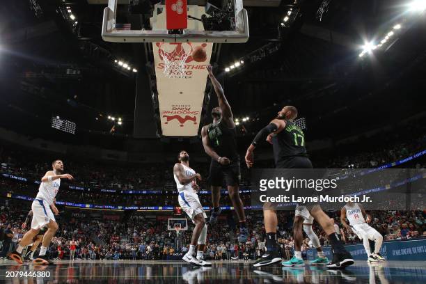 Zion Williamson of the New Orleans Pelicans shoots the ball during the game against the LA Clippers on March 15, 2024 at the Smoothie King Center in...