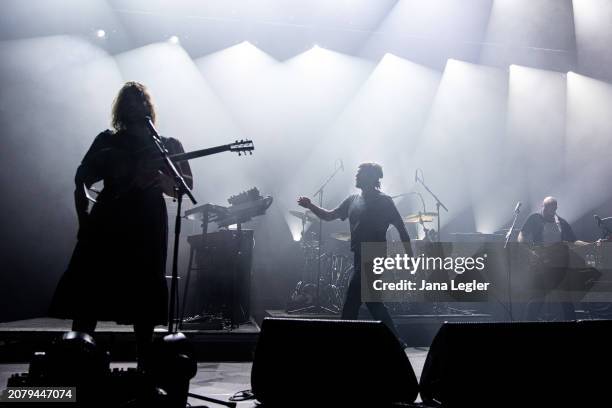 Mark Bowen, Joe Talbot and Adam Devonshire of British band Idles perform live on stage during a concert at Max-Schmeling-Halle on March 15, 2024 in...