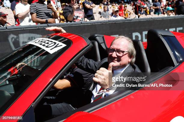 Kevin Sheedy is seen during the 2024 AFL Round 01 match between the Essendon Bombers and the Hawthorn Hawks at the Melbourne Cricket Ground on March...