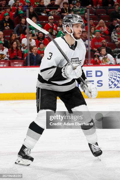 Matt Roy of the Los Angeles Kings watches the play develop during the second period against the Chicago Blackhawks at the United Center on March 15,...