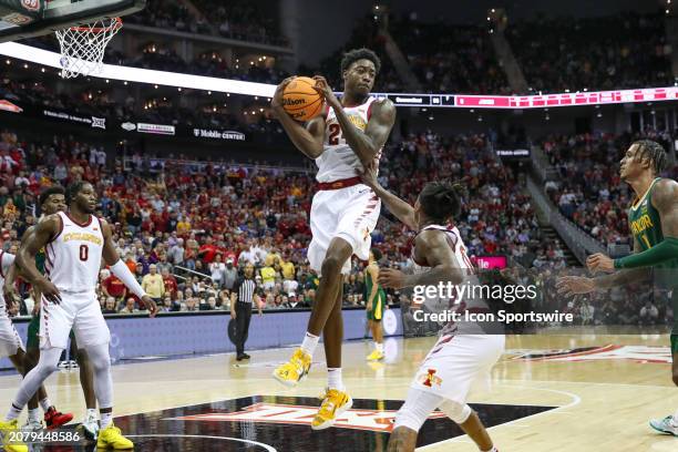 Iowa State Cyclones forward Hason Ward goes high for a rebound in the first half of a Big 12 tournament semifinal game between the Baylor Bears and...