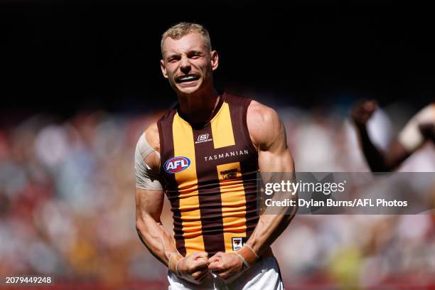 James Worpel of the Hawks celebrates a goal during the 2024 AFL Round 01 match between the Essendon Bombers and the Hawthorn Hawks at the Melbourne...