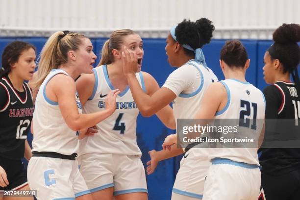 The Columbia Lions huddle and react to the previous play during the first half of the Women's Ivy League League Basketball Championship Semi-Final...