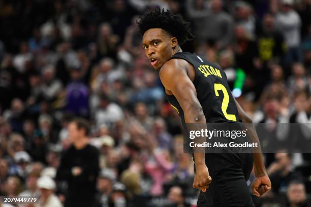 Collin Sexton of the Utah Jazz celebrates a dunk during the second half of a game against the Atlanta Hawks at Delta Center on March 15, 2024 in Salt...