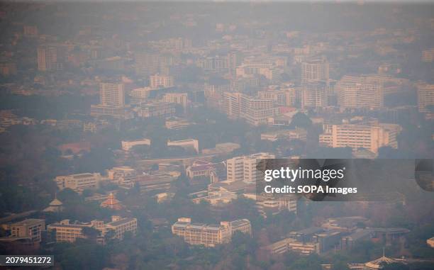 View of dense blanket of smog over Chiang Mai amid smog caused by heavy concentrations of fine particulate matter known as PM2.5, in Chiang Mai. On...
