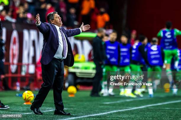 Miguel Herrera head coach of Tijuana reacts during the 12th round match between Tijuana and Santos Laguna as part of the Torneo Clausura 2024 Liga MX...