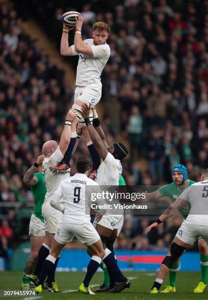 Secures line out ball for England during during the Guinness Six Nations 2024 match between England and Ireland at Twickenham Stadium on March 09,...