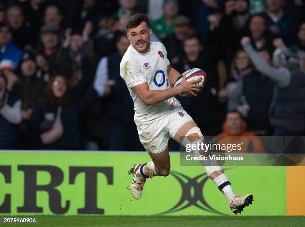 Celebrates scoring England's second try during during the Guinness Six Nations 2024 match between England and Ireland at Twickenham Stadium on March...
