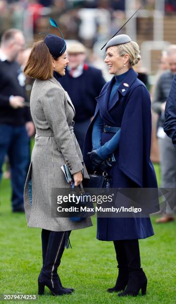 Natalie Pinkham and Zara Tindall attend day 1 'Champion Day' of the Cheltenham Festival at Cheltenham Racecourse on March 12, 2024 in Cheltenham,...