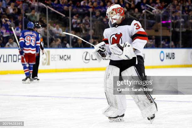 Kaapo Kahkonen of the New Jersey Devils looks on during the second period against the New York Rangers at Madison Square Garden on March 11, 2024 in...