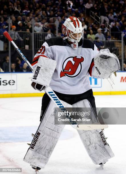 Kaapo Kahkonen of the New Jersey Devils looks on during the second period against the New York Rangers at Madison Square Garden on March 11, 2024 in...