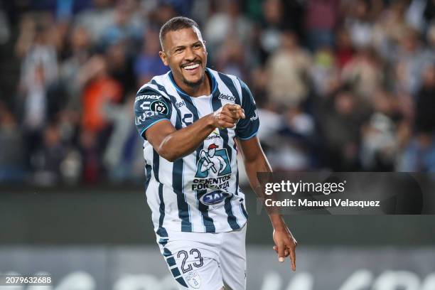 José Rondón of Pachuca celebrates after scoring the team's third goal during the round of 16 second leg match between Pachuca and Philadelphia as...