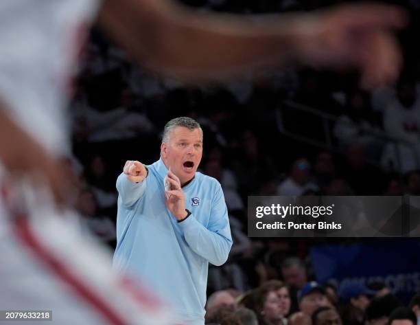 Head coach Greg McDermott of the Creighton Bluejays gestures during the game against the St. John's Red Storm at Madison Square Garden on February...