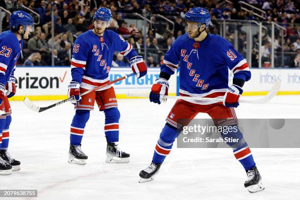 Alex Wennberg of the New York Rangers looks on during the first period against the New Jersey Devils at Madison Square Garden on March 11, 2024 in...