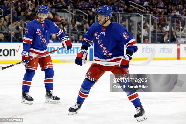 Alex Wennberg of the New York Rangers looks on during the first period against the New Jersey Devils at Madison Square Garden on March 11, 2024 in...