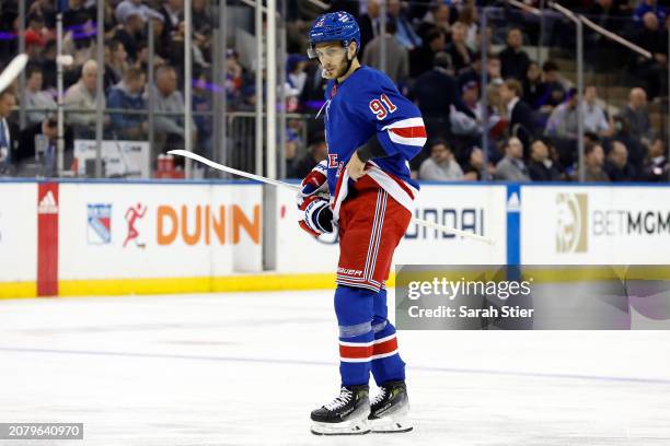 Alex Wennberg of the New York Rangers looks on during the first period against the New Jersey Devils at Madison Square Garden on March 11, 2024 in...