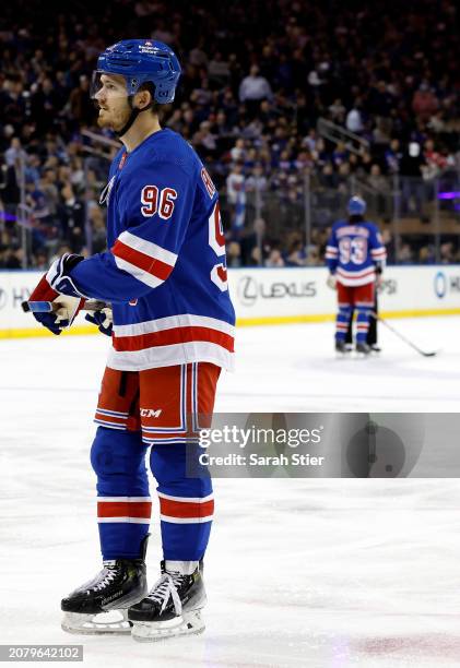 Jack Roslovic of the New York Rangers looks on during the first period against the New Jersey Devils at Madison Square Garden on March 11, 2024 in...