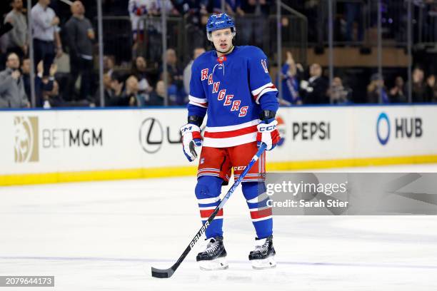 Artemi Panarin of the New York Rangers looks on during the first period against the New Jersey Devils at Madison Square Garden on March 11, 2024 in...