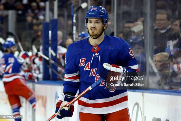 Jack Roslovic of the New York Rangers skates during the first period against the New Jersey Devils at Madison Square Garden on March 11, 2024 in New...