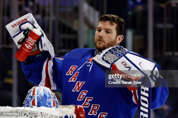 Jonathan Quick of the New York Rangers looks on during the first period against the New Jersey Devils at Madison Square Garden on March 11, 2024 in...