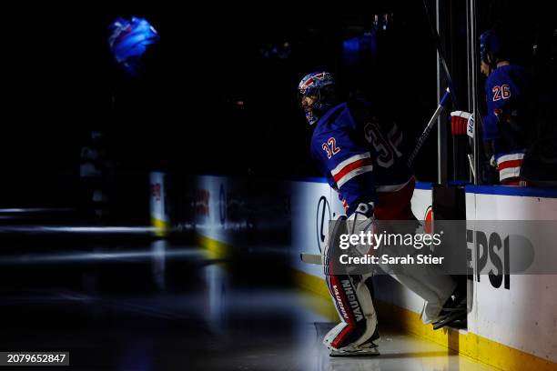 Jonathan Quick of the New York Rangers takes the ice during the first period against the New Jersey Devils at Madison Square Garden on March 11, 2024...