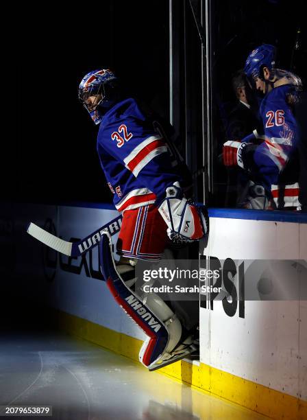 Jonathan Quick of the New York Rangers takes the ice during the first period against the New Jersey Devils at Madison Square Garden on March 11, 2024...