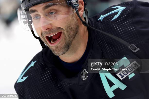 Jordan Eberle of the Seattle Kraken warms up before his 1,000th NHL game against the Vegas Golden Knights at Climate Pledge Arena on March 12, 2024...