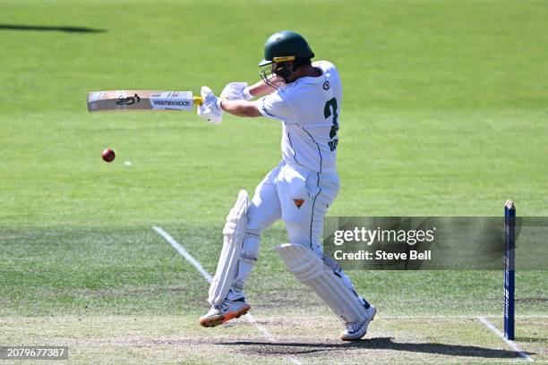 Jake Doran of the Tigers bats during the Sheffield Shield match between Tasmania and South Australia at Blundstone Arena, on March 13 in Hobart,...