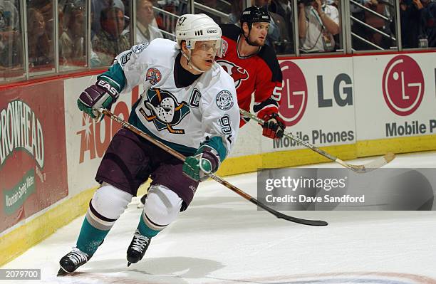 Paul Kariya of the Mighty Ducks of Anaheim skates against the New Jersey Devils in game four of the 2003 Stanley Cup Finals at the Arrowhead Pond of...