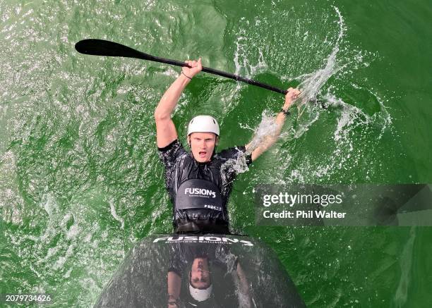 Canoe Slalom athlete Finn Butcher paddles down the whitewater course during a Paris 2024 NZOC Canoe Slalom Selection Announcement at Vector Wero...