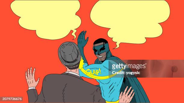 ilustraciones, imágenes clip art, dibujos animados e iconos de stock de vector retro pop art african american superhero slaps a man meme template stock illustration - abofetear