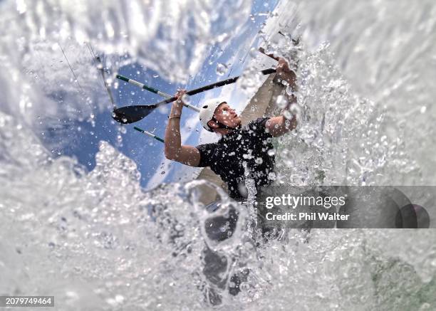 Canoe Slalom athlete Finn Butcher paddles down the whitewater course during a Paris 2024 NZOC Canoe Slalom Selection Announcement at Vector Wero...