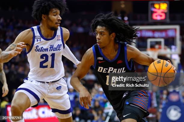 Jaden Henley of the DePaul Blue Demons in action against Isaiah Coleman of the Seton Hall Pirates during a game at Prudential Center on March 9, 2024...