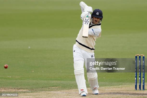 Nic Maddinson of Victoria bats during the Sheffield Shield match between Victoria and Western Australia at CitiPower Centre, on March 13 in...