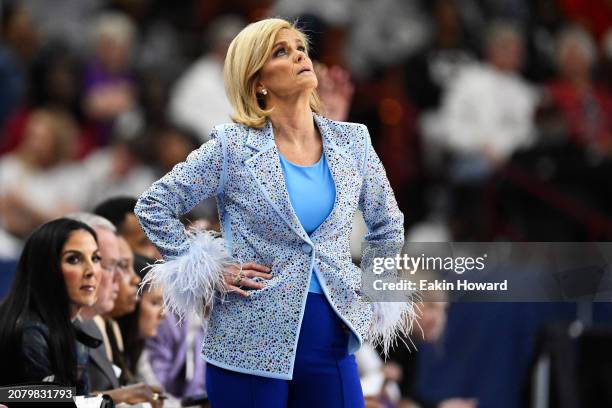 Head coach Kim Mulkey of the LSU Lady Tigers looks on against the South Carolina Gamecocks in the second quarter during the championship game of the...