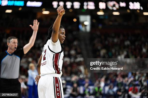 MiLaysia Fulwiley of the South Carolina Gamecocks celebrates her three point basket against the LSU Lady Tigers in the third quarter during the...