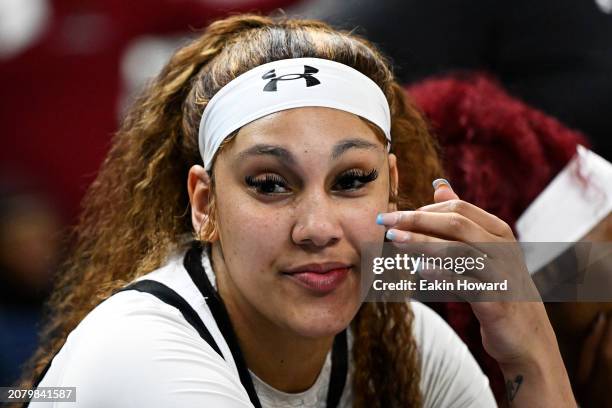 Kamilla Cardoso of the South Carolina Gamecocks sits on the bench after an altercation against the LSU Lady Tigers in the fourth quarter during the...
