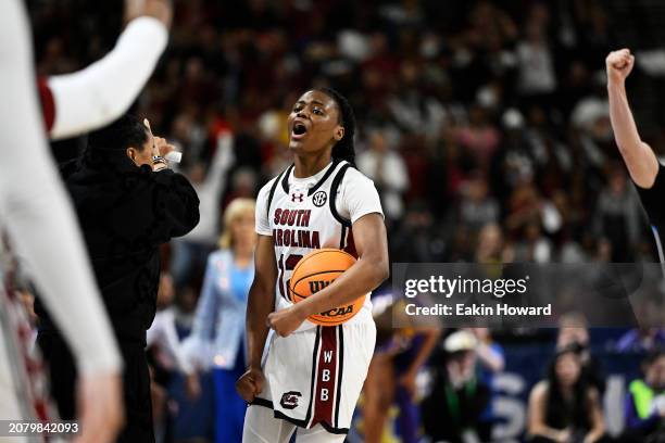 MiLaysia Fulwiley of the South Carolina Gamecocks celebrates getting fouled against the LSU Lady Tigers in the fourth quarter during the championship...