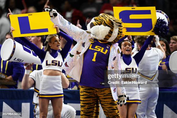 The LSU Lady Tigers mascot points to the crowd against the South Carolina Gamecocks in the fourth quarter during the championship game of the SEC...