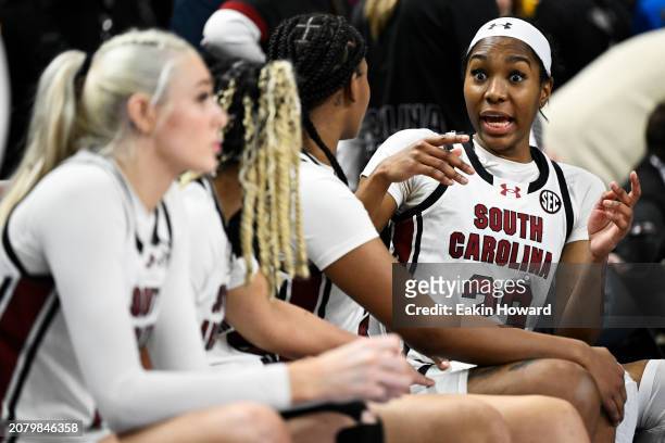 Bree Hall of the South Carolina Gamecocks talks with her teammates after an altercation broke out against the LSU Lady Tigers in the fourth quarter...