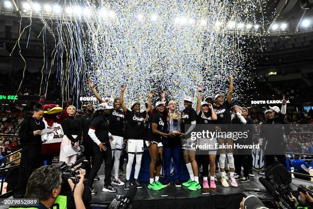 The South Carolina Gamecocks celebrate their win over the LSU Lady Tigers following the championship game of the SEC Women's Basketball Tournament at...