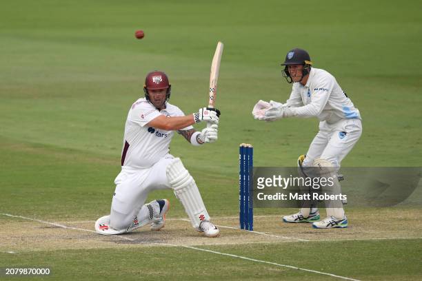 Ben McDermott of Queensland plays a shot during the Sheffield Shield match between Queensland and New South Wales at Allan Border Field, on March 13...