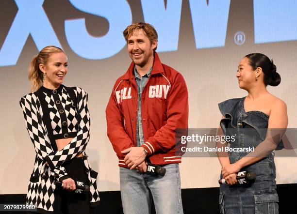 Emily Blunt, Ryan Gosling, and Stephanie Hsu attend the SXSW premiere of "The Fall Guy" presented by Universal Pictures at The Paramount Theater on...