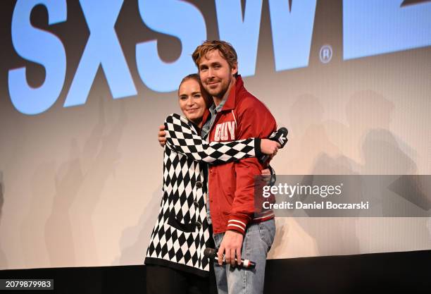 Emily Blunt and Ryan Gosling attend the SXSW premiere of "The Fall Guy" presented by Universal Pictures at The Paramount Theater on March 12, 2024 in...