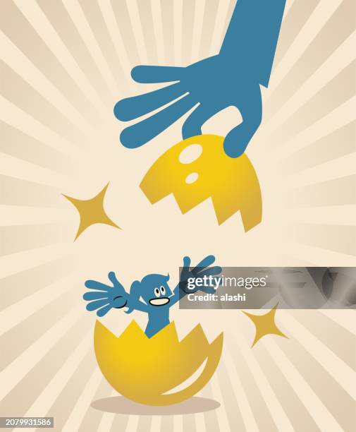 a big hand opened a golden egg, and a woman appeared inside - cracked egg stock illustrations