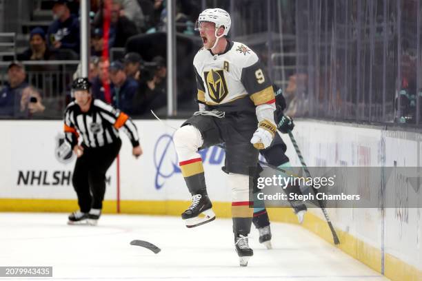 Jack Eichel of the Vegas Golden Knights celebrates his overtime goal against the Seattle Kraken at Climate Pledge Arena on March 12, 2024 in Seattle,...