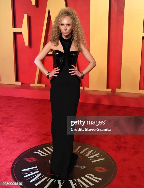 Juno Temple arrives at the 2024 Vanity Fair Oscar Party Hosted By Radhika Jones at Wallis Annenberg Center for the Performing Arts on March 10, 2024...