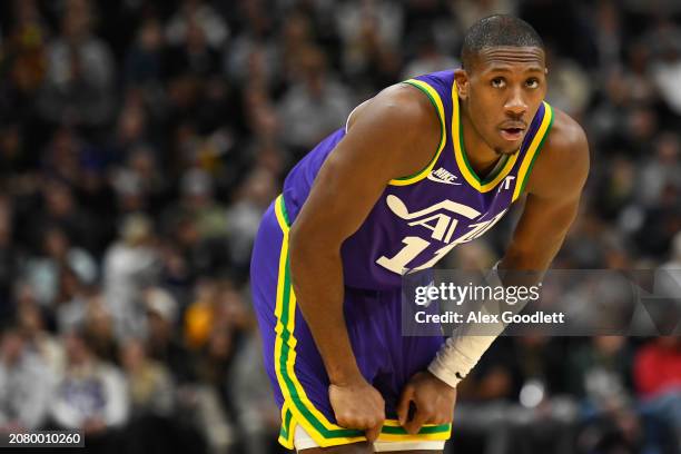 Kris Dunn of the Utah Jazz looks on during the first half of a game against the Boston Celtics at Delta Center on March 12, 2024 in Salt Lake City,...