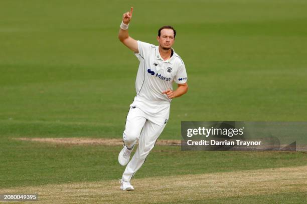 Joel Paris of Western Australia celebrates the wicket of Sam Harper of Victoria during the Sheffield Shield match between Victoria and Western...