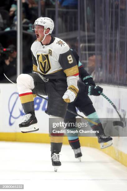 Jack Eichel of the Vegas Golden Knights celebrates his overtime goal against the Seattle Kraken at Climate Pledge Arena on March 12, 2024 in Seattle,...